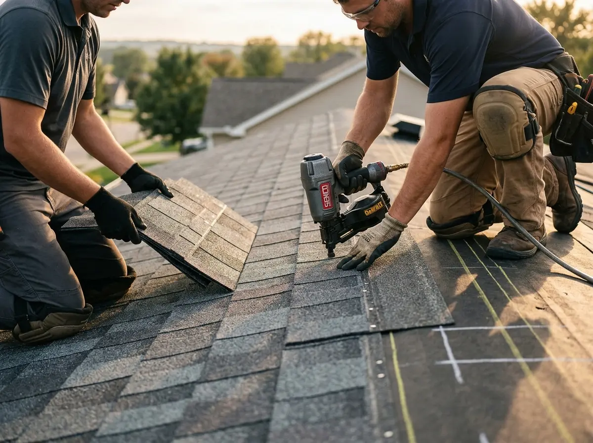 Professional roofer working on a residential roof in Cicero